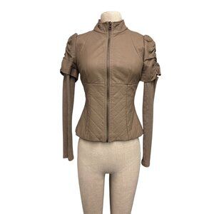 Forever 21 Taupe Quilted Corset Waist Jacket With Ruched Puff Sleeves Detachable